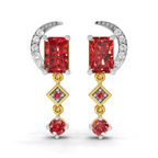 A pair of gold and silver drop earrings with rectangular red gemstones, small clear accent stones, and a crescent moon motif, shown on a plain white background.