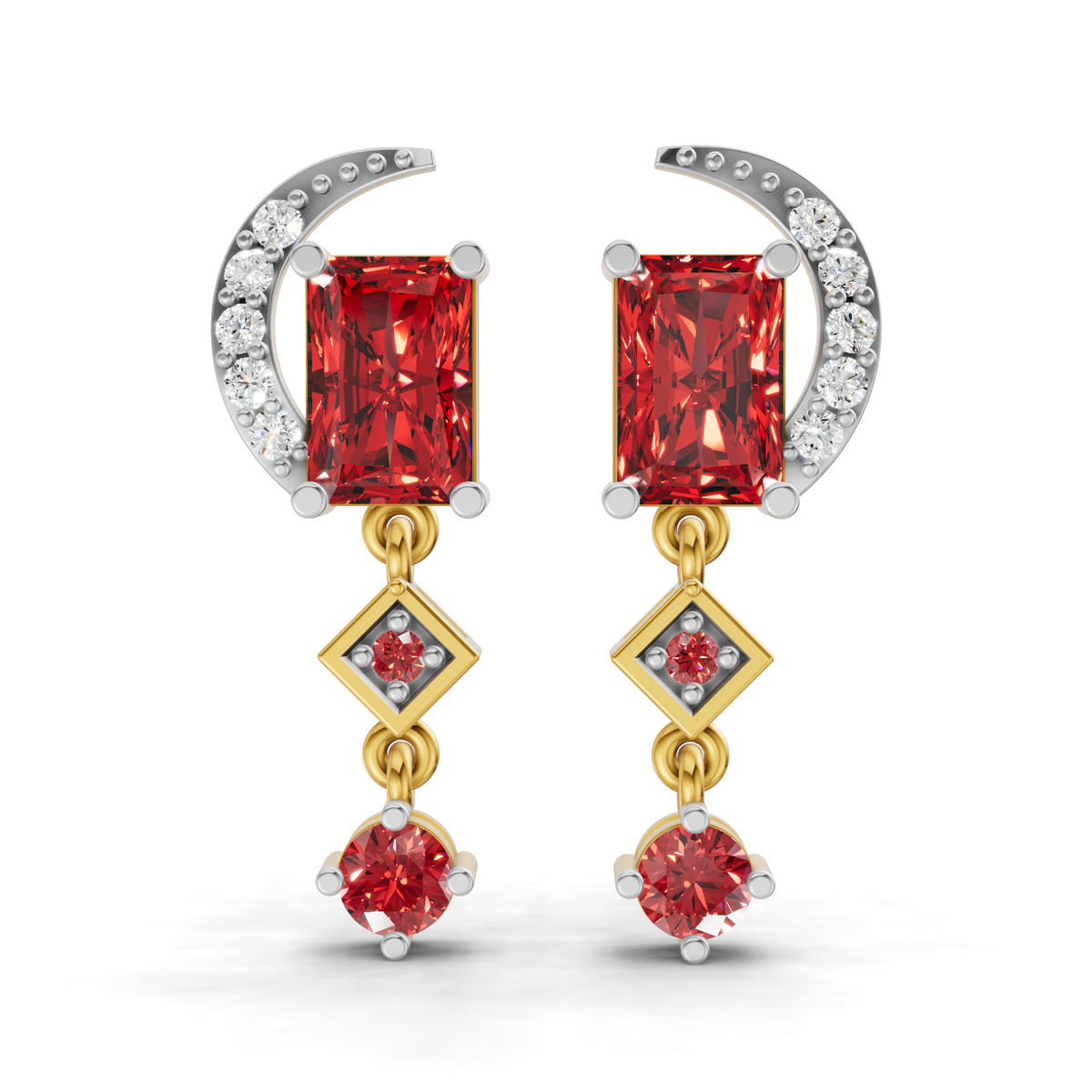 A pair of gold and silver drop earrings with rectangular red gemstones, small clear accent stones, and a crescent moon motif, shown on a plain white background.