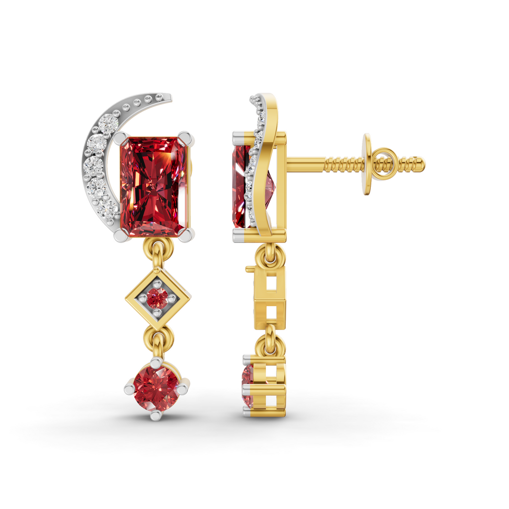 A pair of gold and silver drop earrings with red gemstones, shown from both front and side angles on a white background.