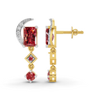 A pair of gold and silver drop earrings with red gemstones, shown from both front and side angles on a white background.