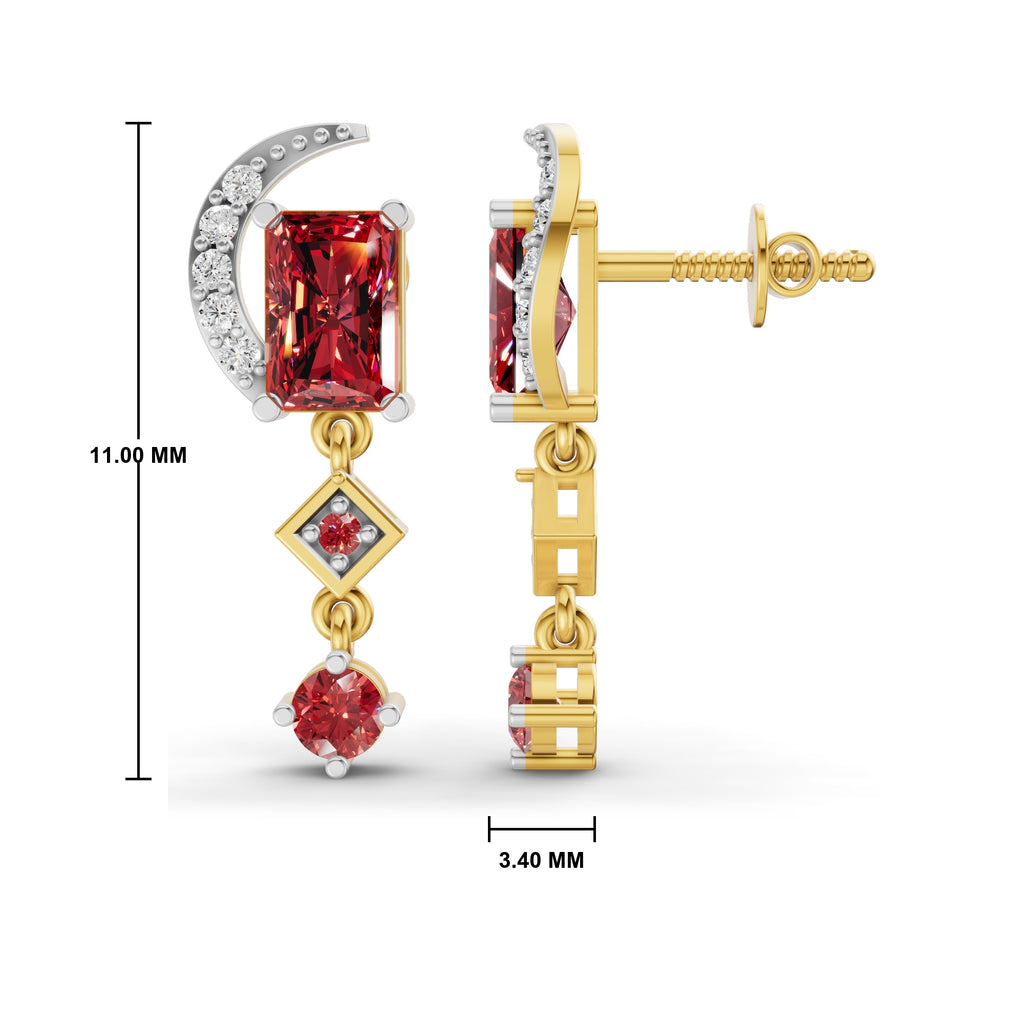 Gold and silver drop earrings with red gemstones, shown in front and side views with measurement markings of 11.00 mm and 3.