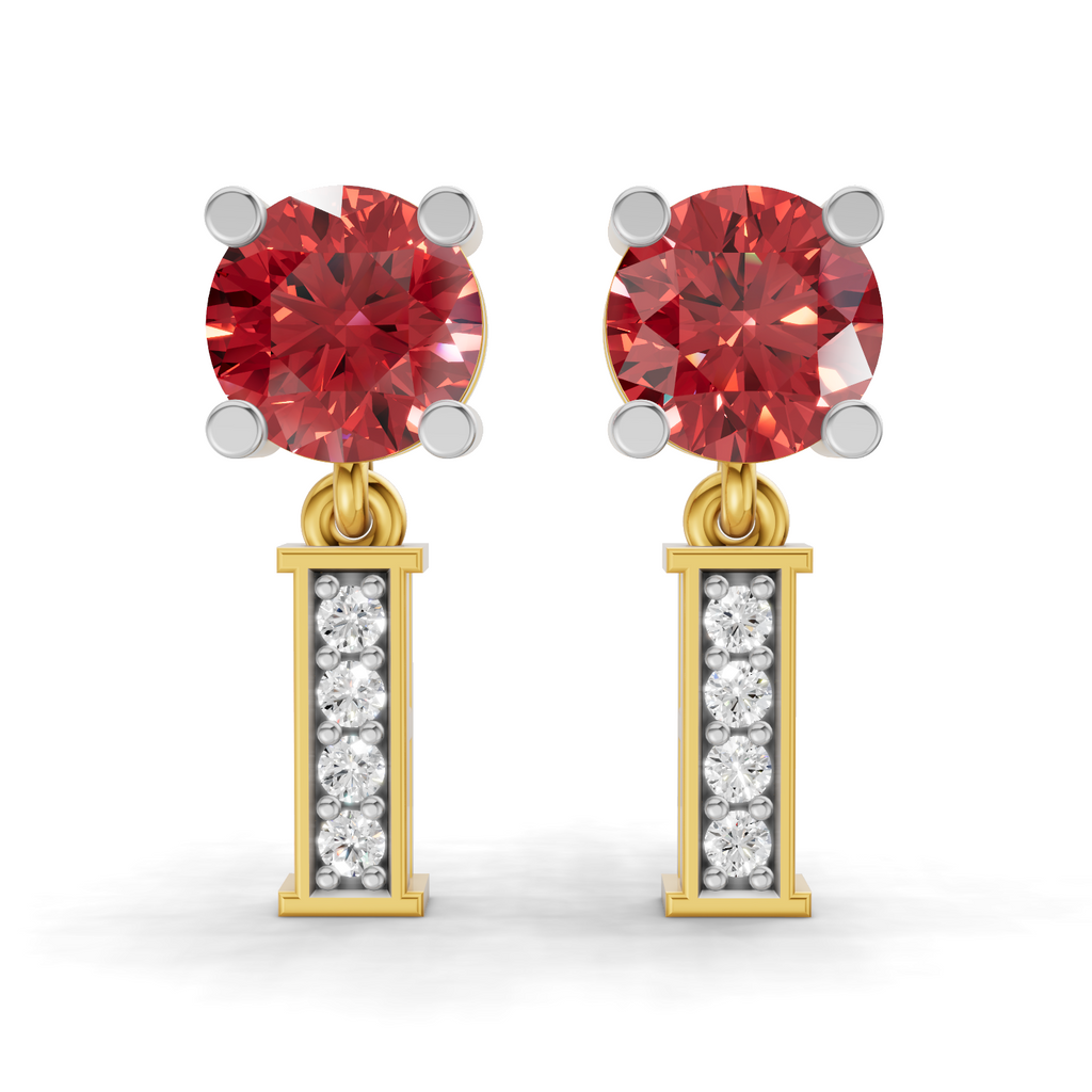 A pair of gold and white gold drop earrings featuring a large round red gemstone at the top and a vertical bar with small clear stones below, shown on a white background.