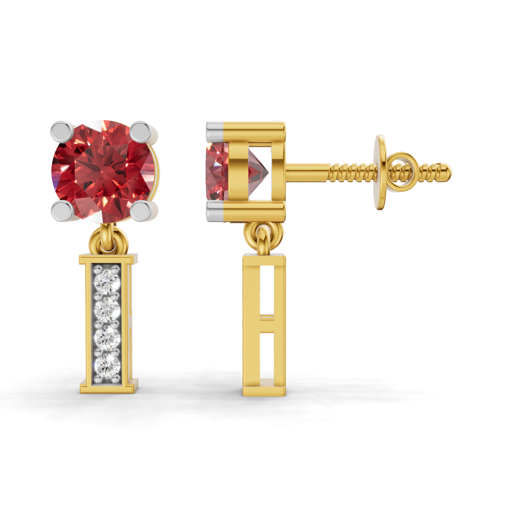 A pair of gold drop earrings featuring a round red gemstone at the top and a vertical bar with clear stones below, shown from the front and side on a white background.