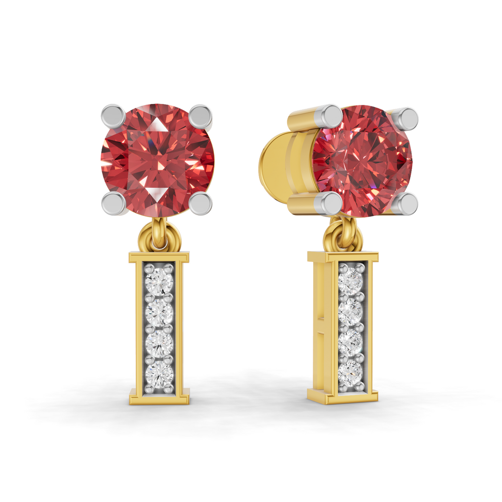 A pair of gold and white gold drop earrings featuring a round-cut red gemstone in a four-prong setting, suspended above a rectangular bar set with small clear stones, shown on a white background.