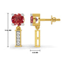 Gold drop earrings with a round red gemstone and a vertical bar set with small clear stones, shown from front and side views with measurement labels on a white background.