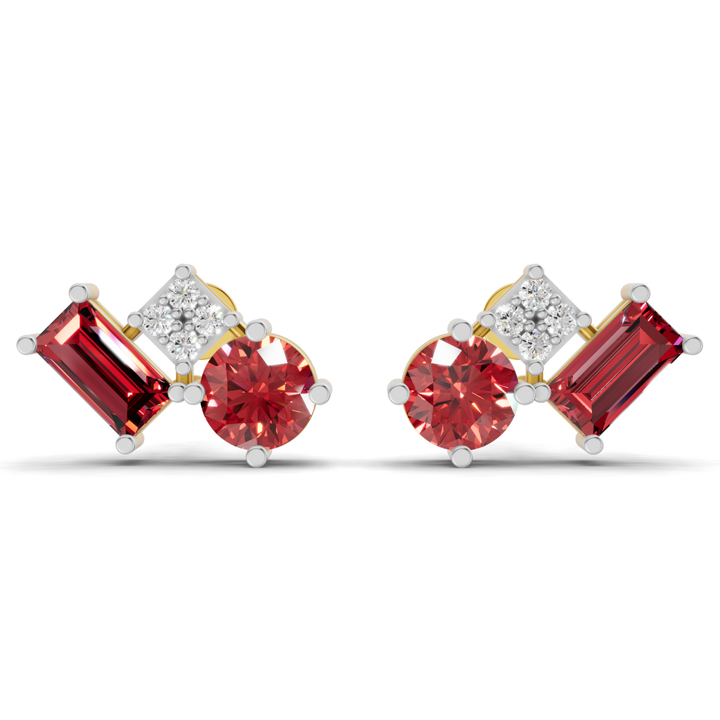 A pair of stud earrings featuring round and baguette-cut red gemstones with a small square-cut clear stone in a silver-toned setting, shown on a plain white background.