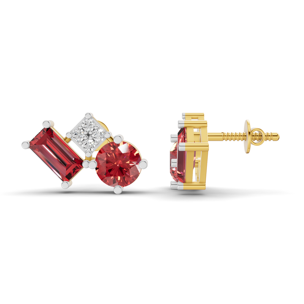 A pair of yellow gold stud earrings with red gemstones, shown from the front and side. One earring features a round-cut red center stone, a baguette-cut red side stone, and a small clear diamond accent.