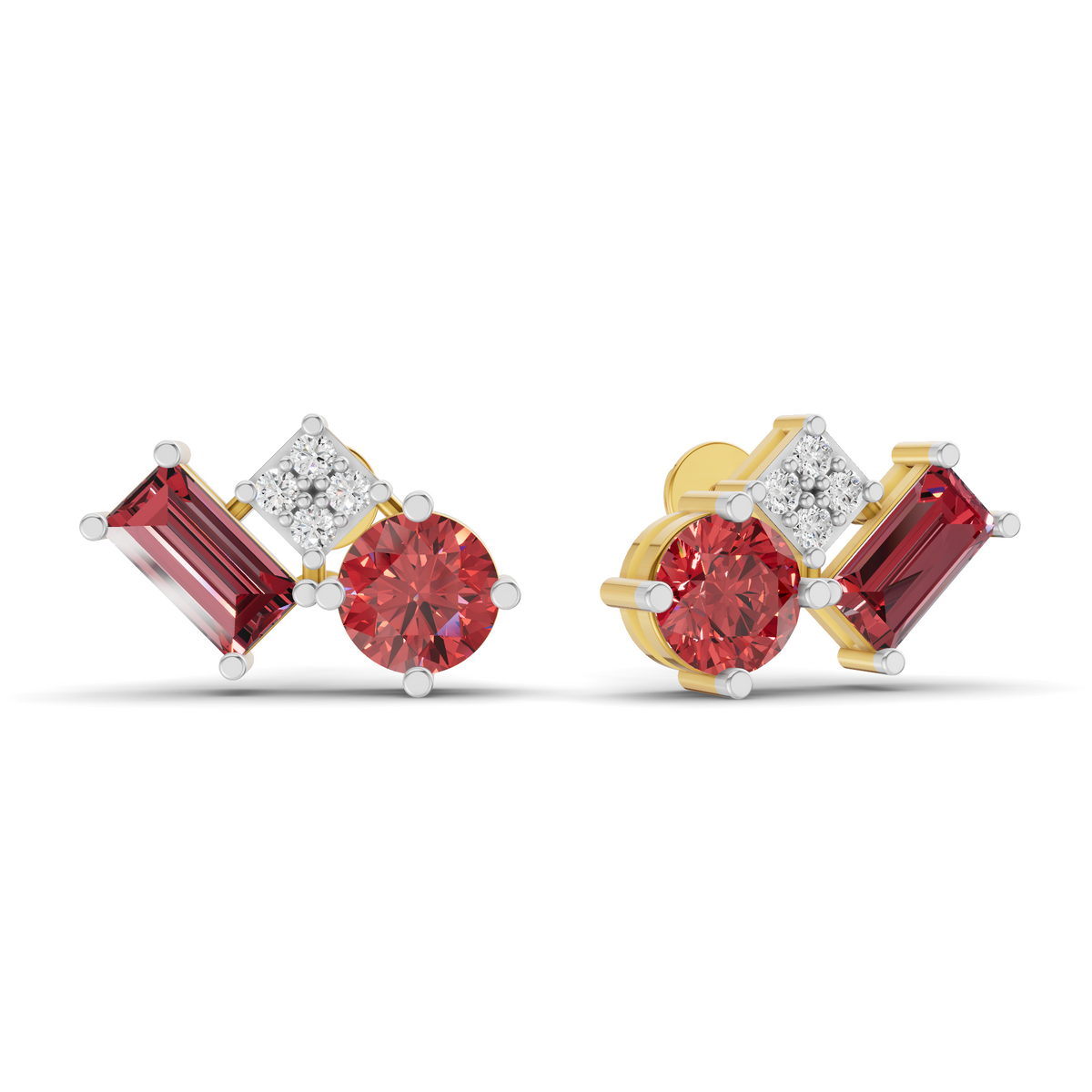 A pair of yellow gold stud earrings featuring a round red gemstone, a rectangular red baguette gemstone, and a small square white gemstone, shown on a plain white background.
