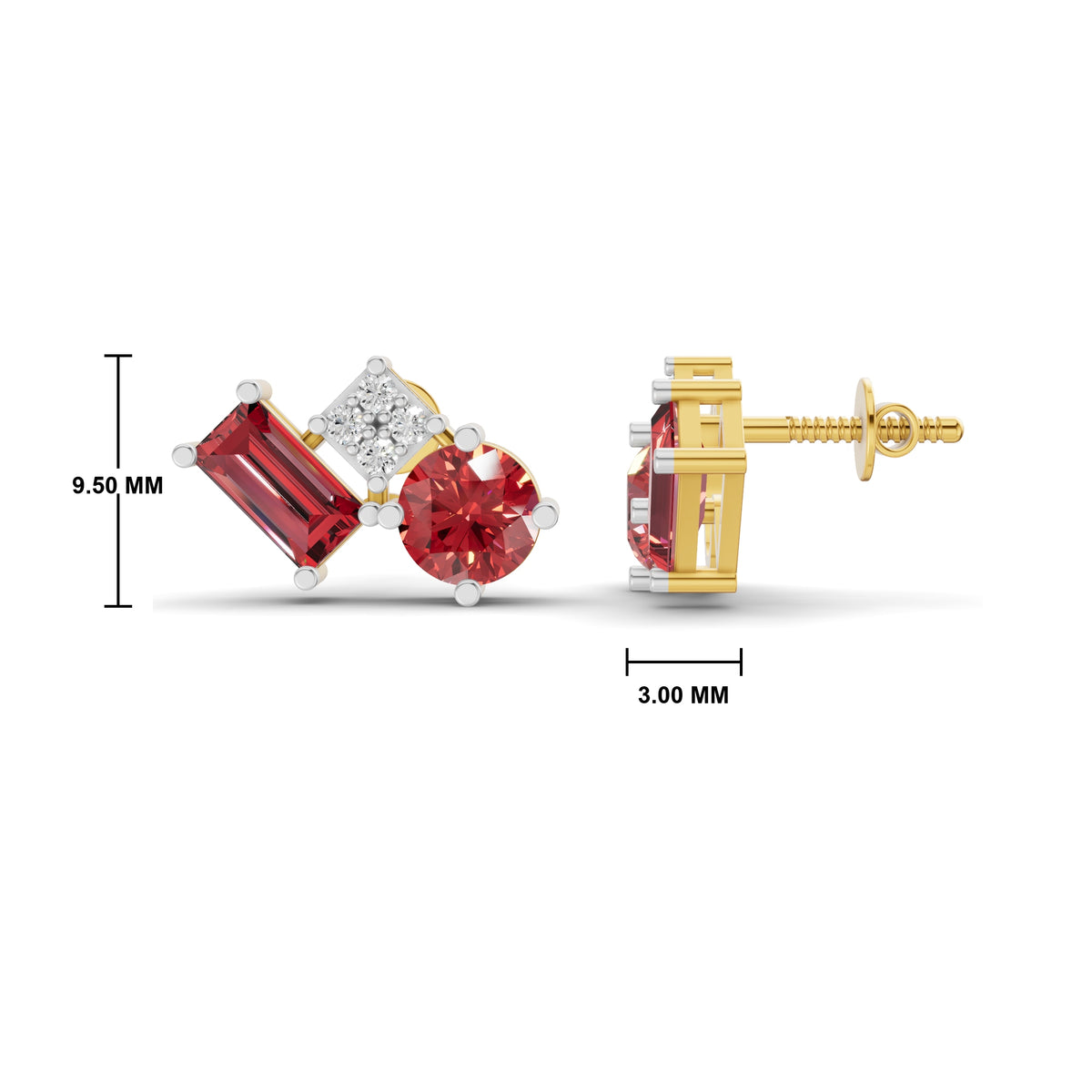 A pair of yellow gold and silver stud earrings with red gemstones, shown with dimension markings of 9.50 mm and 3.