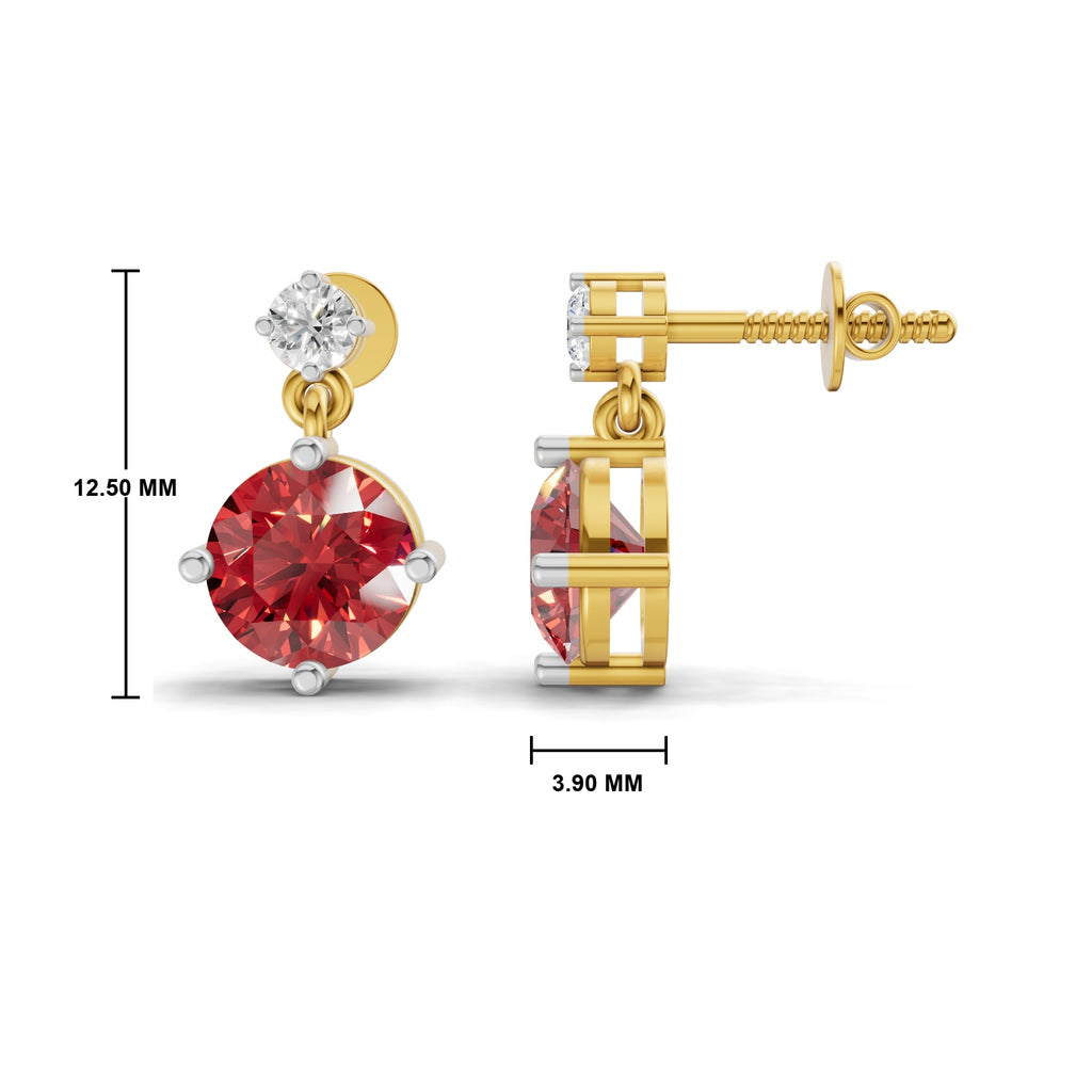Gold dangle earrings with a large round red gemstone and a small clear stone, shown from front and side views with dimension markings of 12.50 mm and 3.