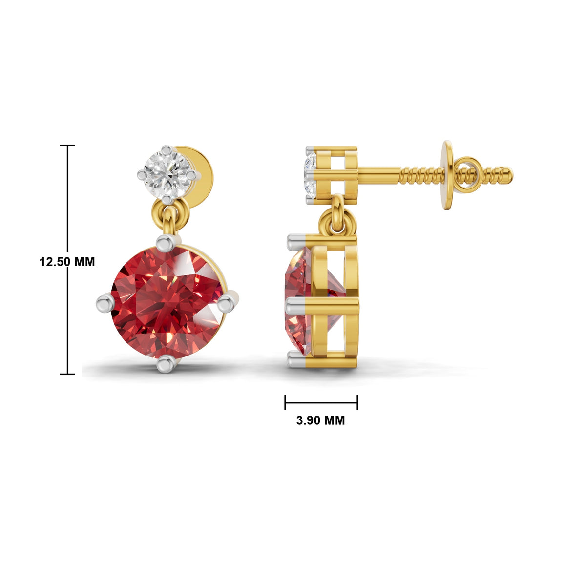 Gold dangle earrings with a large round red gemstone and a small clear stone, shown from front and side views with dimension markings of 12.50 mm and 3.