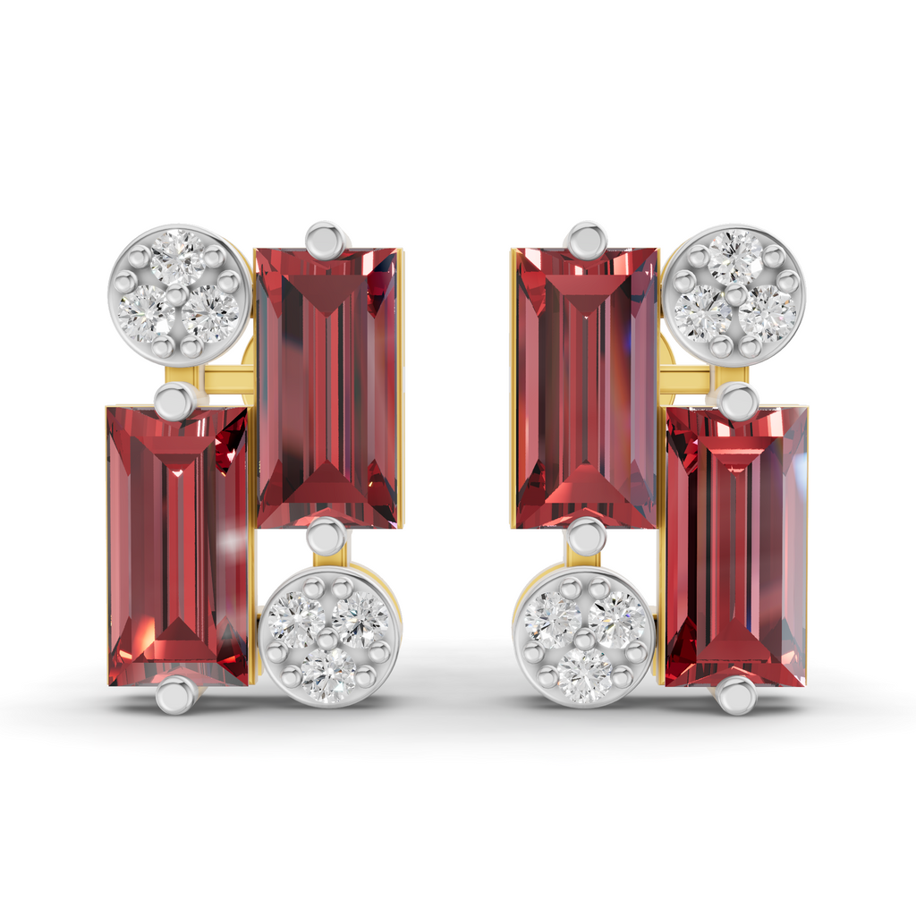 A pair of gold and silver stud earrings featuring rectangular red baguette-cut gemstones and round silver pavé-set clear stones, shown on a white background.