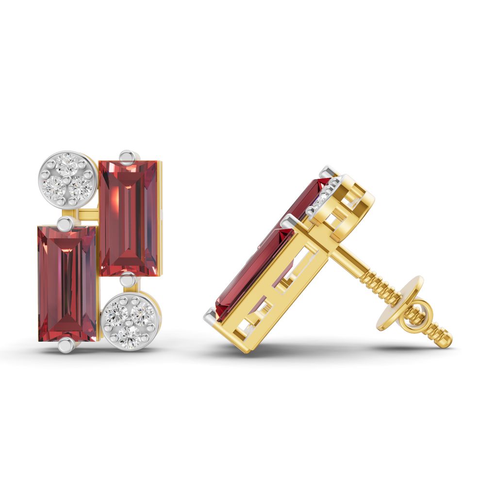 A pair of gold stud earrings featuring rectangular red gemstones and round silver pavé-set clear stones, shown from both front and side angles on a white background.