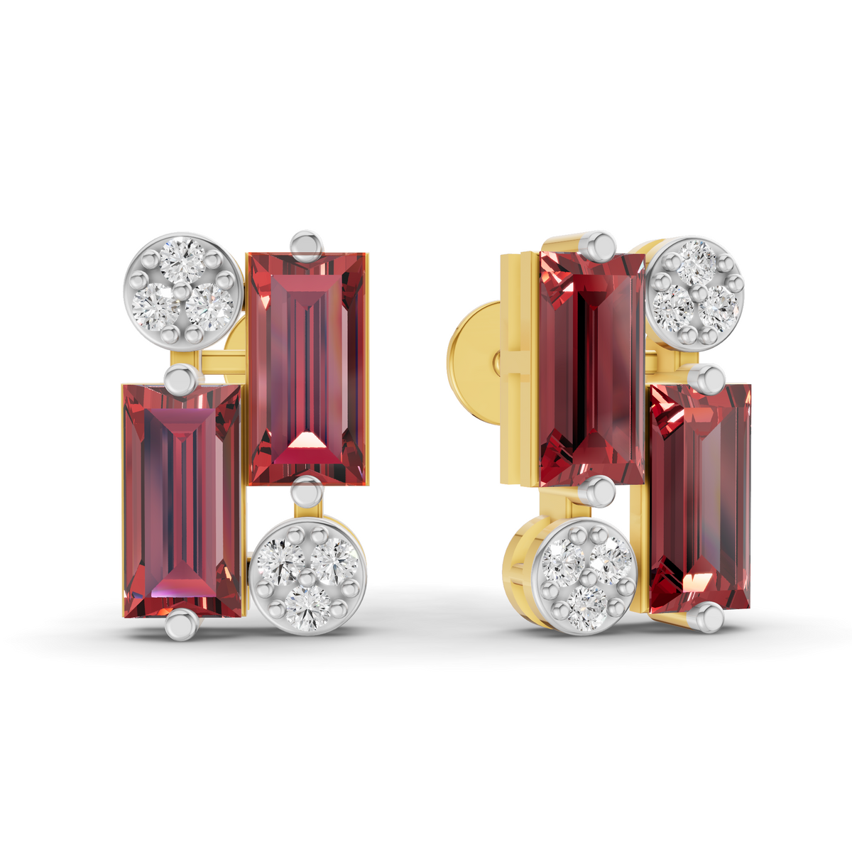 A pair of gold and white gold statement earrings featuring baguette-cut deep red garnet crystals and round brilliant-cut clear diamonds, shown from both front and side angles on a white background.