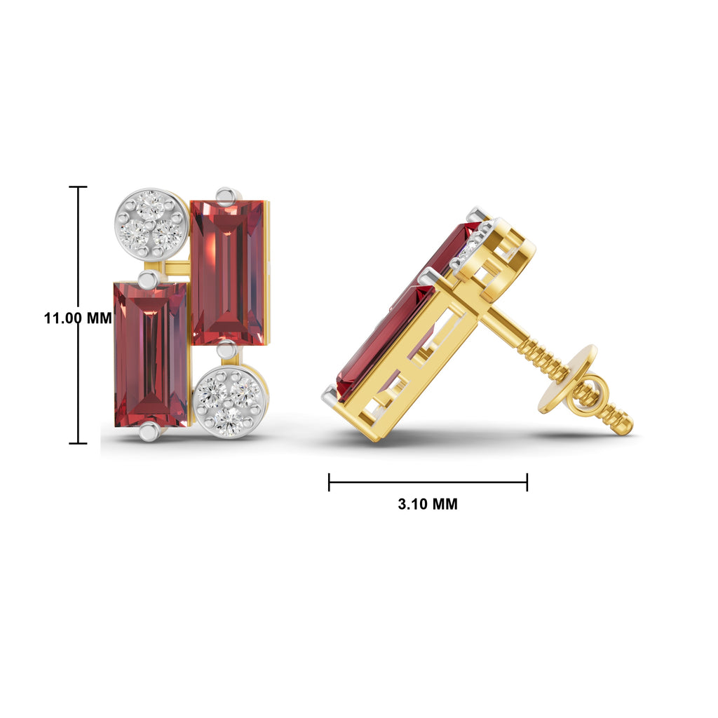 Gold and silver stud earrings with rectangular red gemstones and round clear stones, shown front and side views with dimension markings of 11.00 mm and 3.