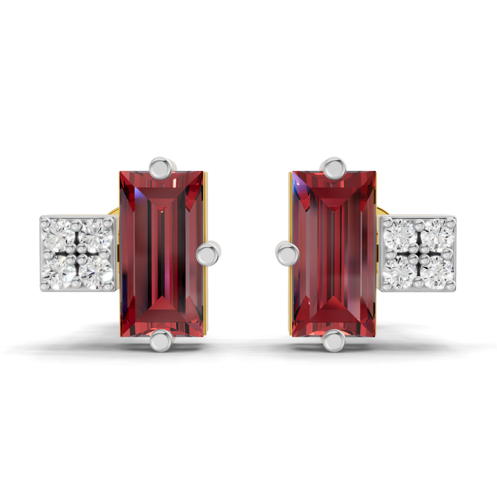 A pair of stud earrings featuring rectangular emerald-cut red gemstones in silver-toned settings, flanked by square clusters of clear stones, shown on a white background.