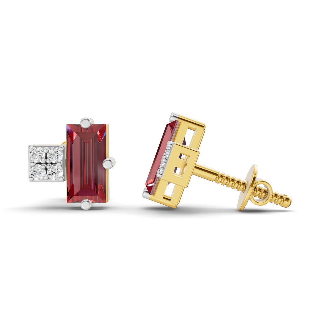 A pair of yellow gold stud earrings featuring a rectangular emerald-cut red gemstone and a square diamond-set side panel, shown from front and side angles on a white background.