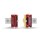 A pair of rectangular stud earrings featuring a large emerald-cut red gemstone in a yellow gold setting, flanked by square clusters of small clear stones in a silver-tone setting, shown against a plain white background.