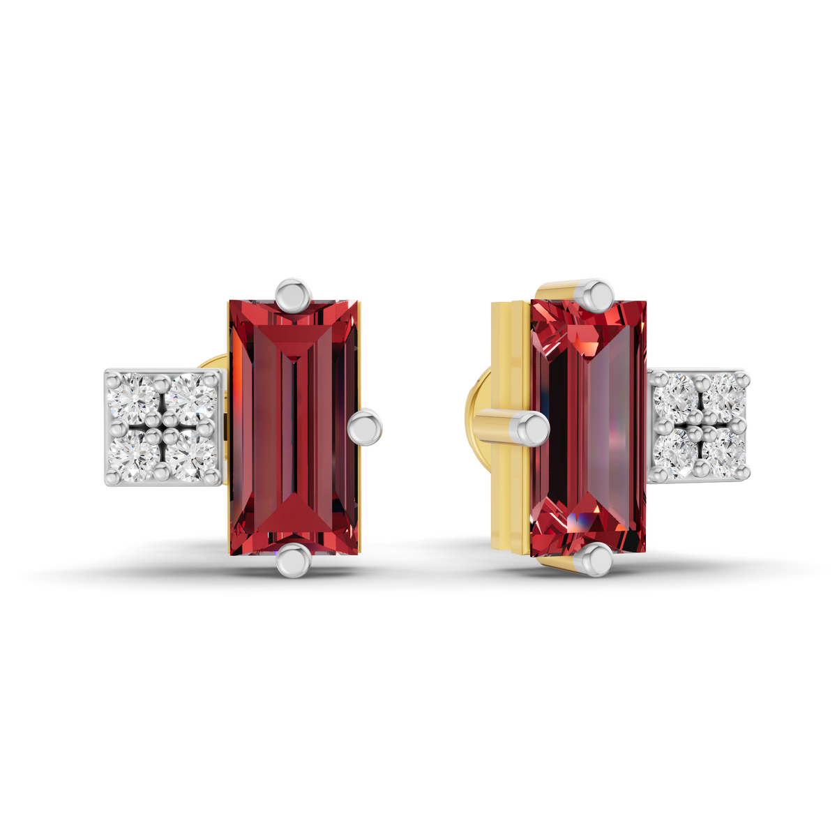 A pair of rectangular stud earrings featuring a large emerald-cut red gemstone in a yellow gold setting, flanked by square clusters of small clear stones in a silver-tone setting, shown against a plain white background.