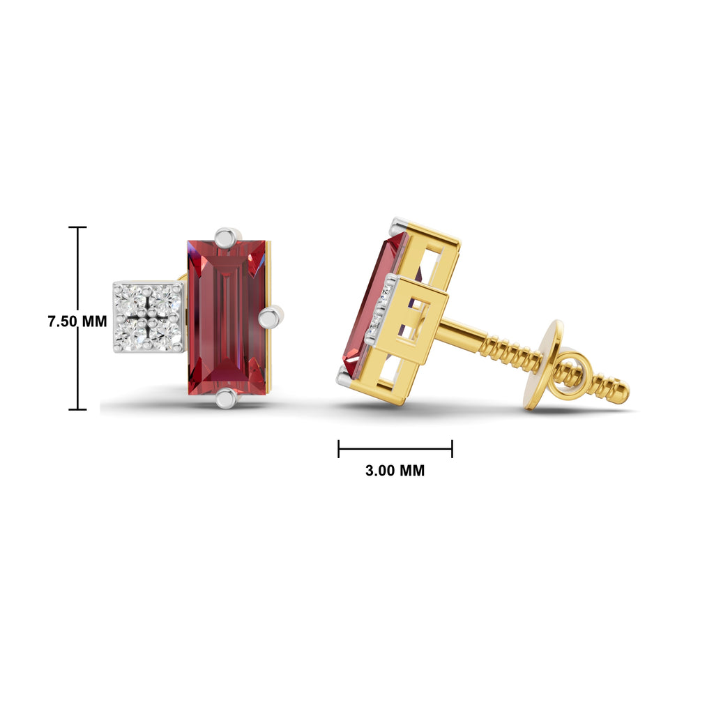 Gold and white gold stud earrings with a rectangular red gemstone and a square diamond-set accent, shown front and side views with measurement markings.