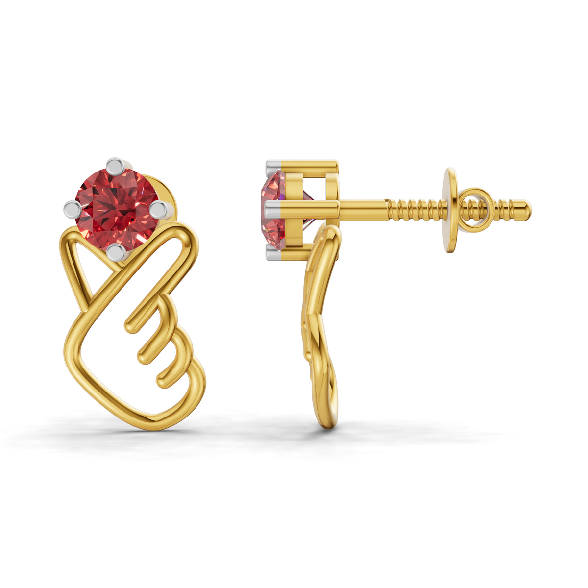 A pair of gold huggie hoop earrings with a central red gemstone and small white accent stones, shown from both the front and side profile views on a white background.