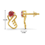 Gold huggie hoop earrings with a red round-cut gemstone and small silver accent prongs, shown from front and side views with dimension markings of 12.00 mm and 3.
