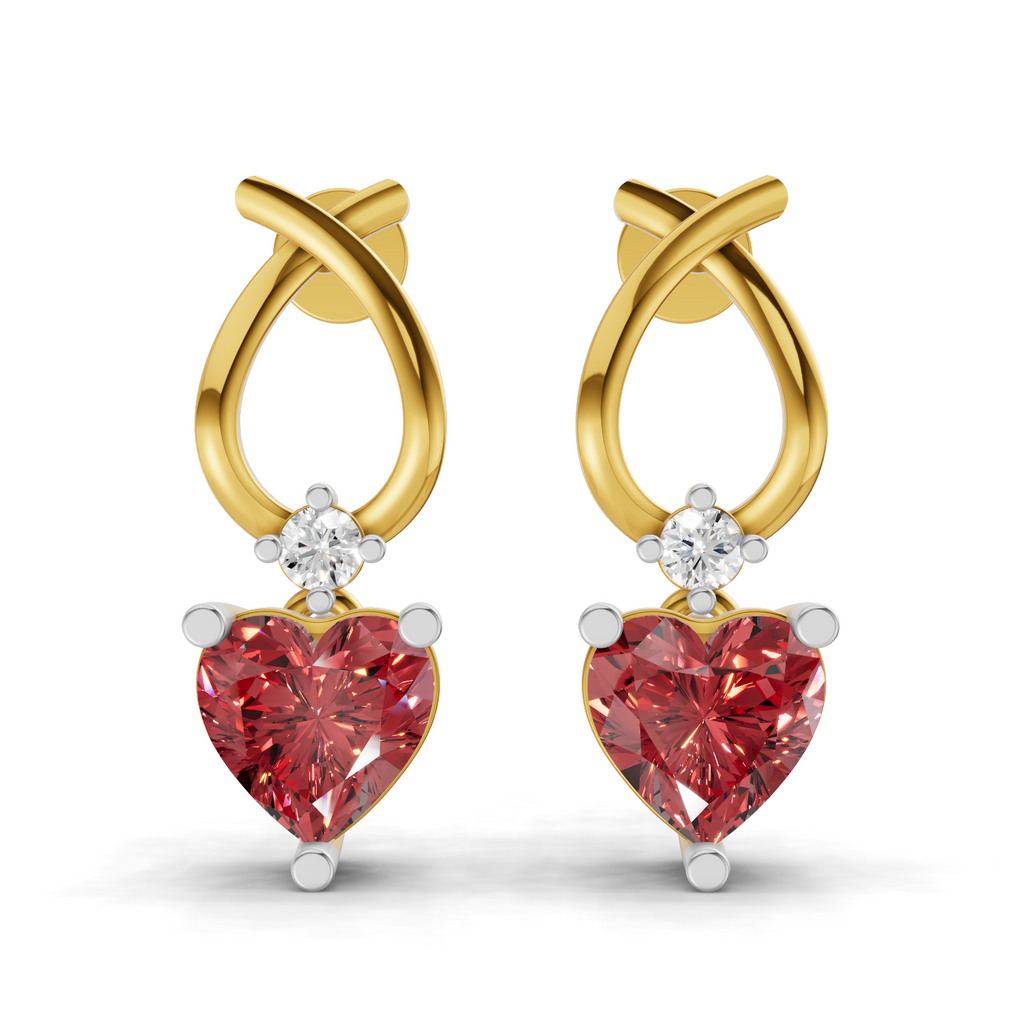 A pair of gold hoop earrings with heart-shaped pink gemstones and small clear accent stones, shown on a clean white background.