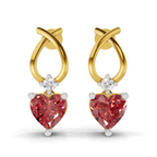 A pair of gold hoop earrings with heart-shaped pink gemstones and small clear accent stones, shown on a clean white background.