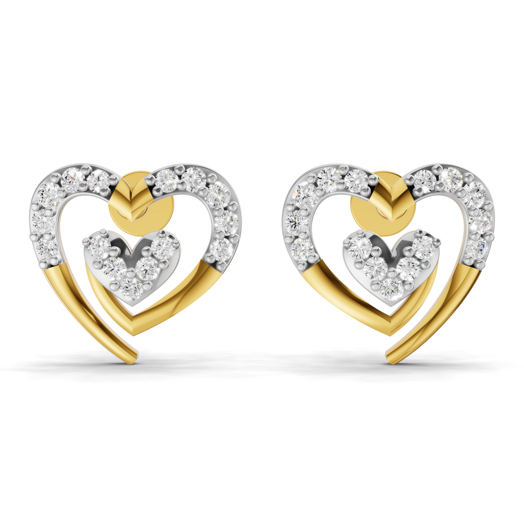A pair of double-heart stud earrings in yellow gold and white gold, featuring clear pavé-set round diamonds. The earrings are shown on a clean white background.