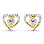 A pair of double-heart stud earrings in yellow gold and white gold, featuring clear pavé-set round diamonds. The earrings are shown on a clean white background.