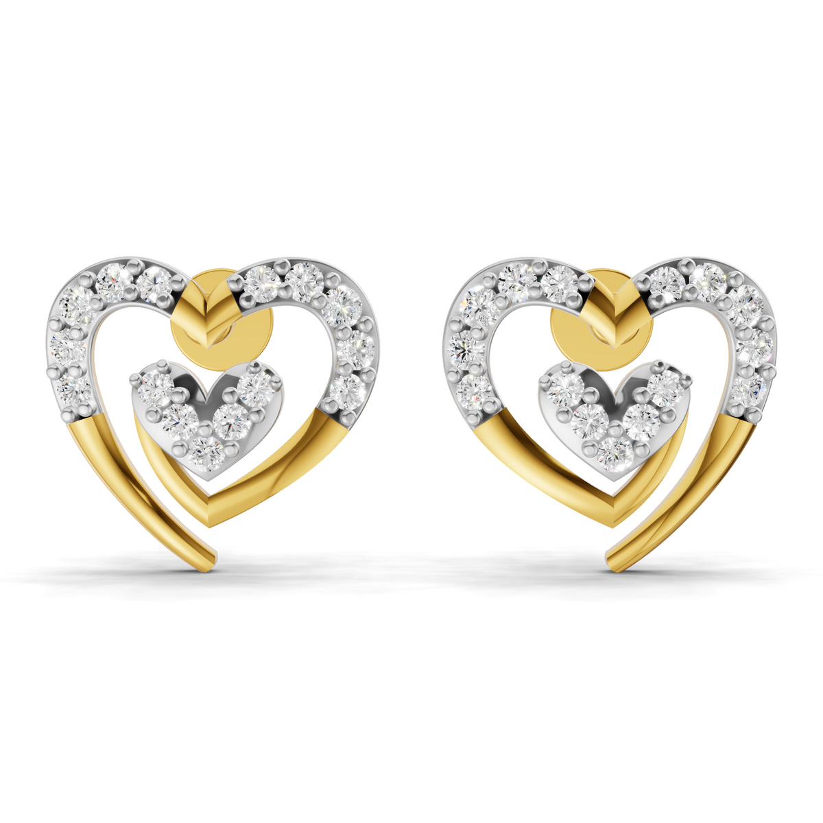 A pair of double-heart stud earrings in yellow gold and white gold, featuring clear pavé-set round diamonds. The earrings are shown on a clean white background.