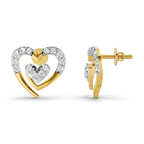 A pair of gold and white gold heart stud earrings with small clear stones, shown from the front and side profile on a white background.