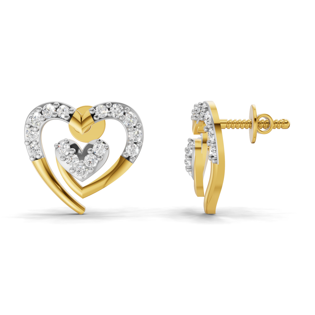 A pair of gold and white gold heart stud earrings with small clear stones, shown from the front and side profile on a white background.