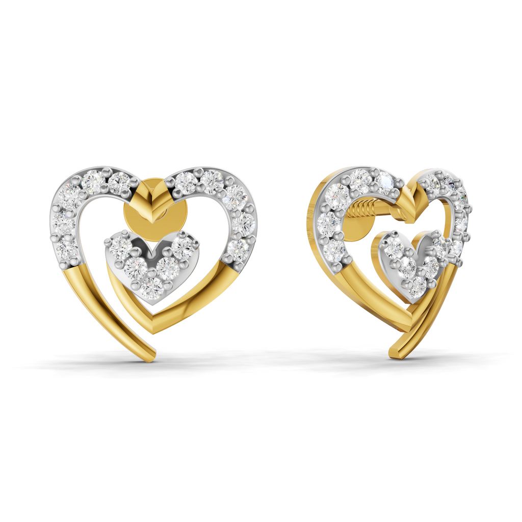 A pair of gold and white gold heart-shaped stud earrings with clear pavé diamonds, shown from two angles on a white background.