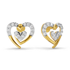 A pair of gold and white gold heart-shaped stud earrings with clear pavé diamonds, shown from two angles on a white background.