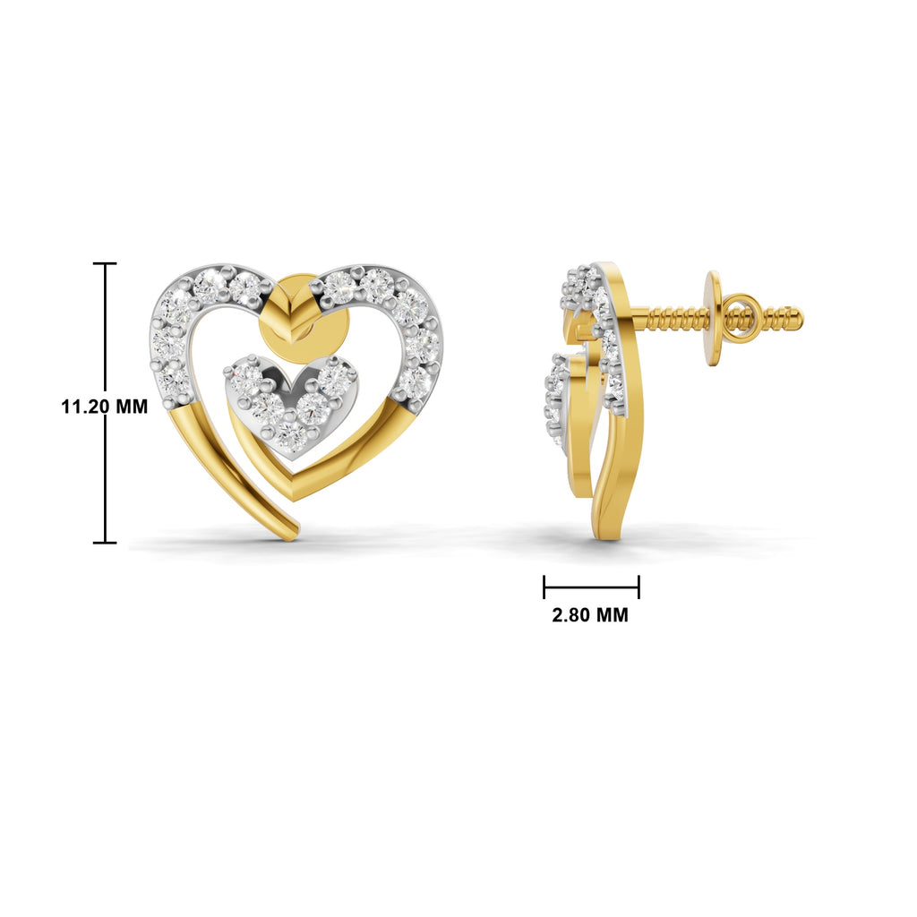 Two gold and silver heart-shaped hoop earrings with clear stones, shown from front and side views with dimension markings of 11.20 mm height and 2.