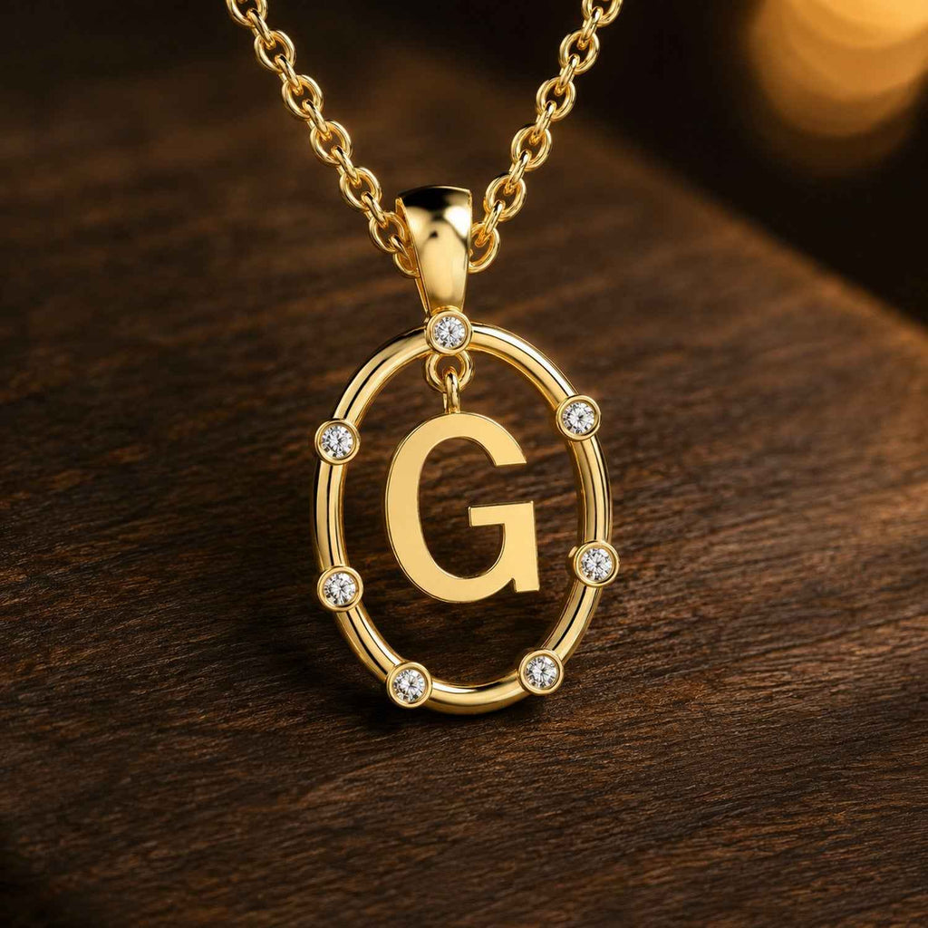 SPARQ Oval Diamond Frame Letter 'G' Gold Pendant in Gold Plated