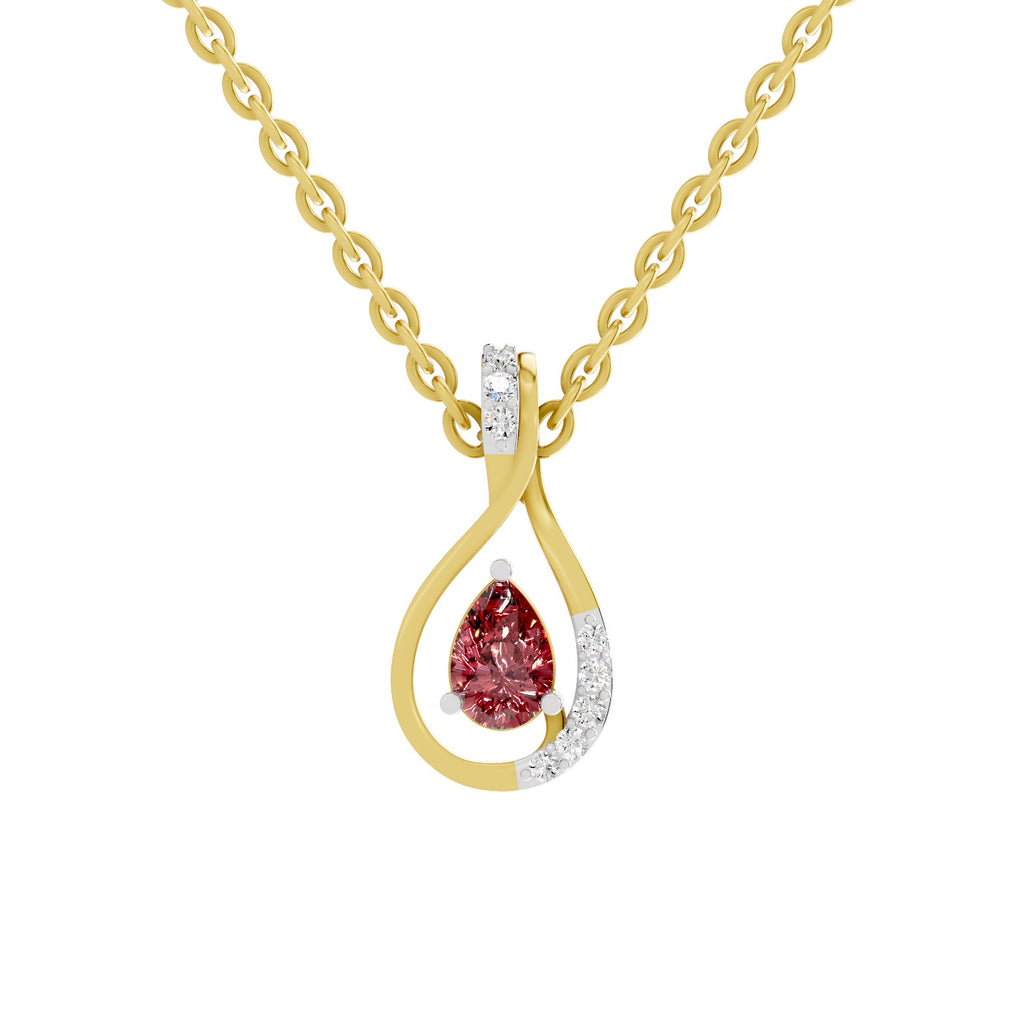 A gold teardrop pendant necklace featuring a pear-cut red gemstone and a curved silver-colored accent stone, suspended from a gold link chain on a white background.