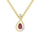 A gold teardrop pendant necklace featuring a pear-cut red gemstone and a curved silver-colored accent stone, suspended from a gold link chain on a white background.