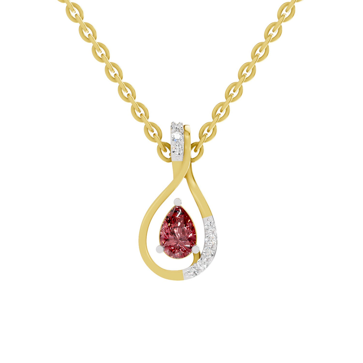 A gold teardrop pendant necklace featuring a pear-cut red gemstone and a curved silver-colored accent stone, suspended from a gold link chain on a white background.