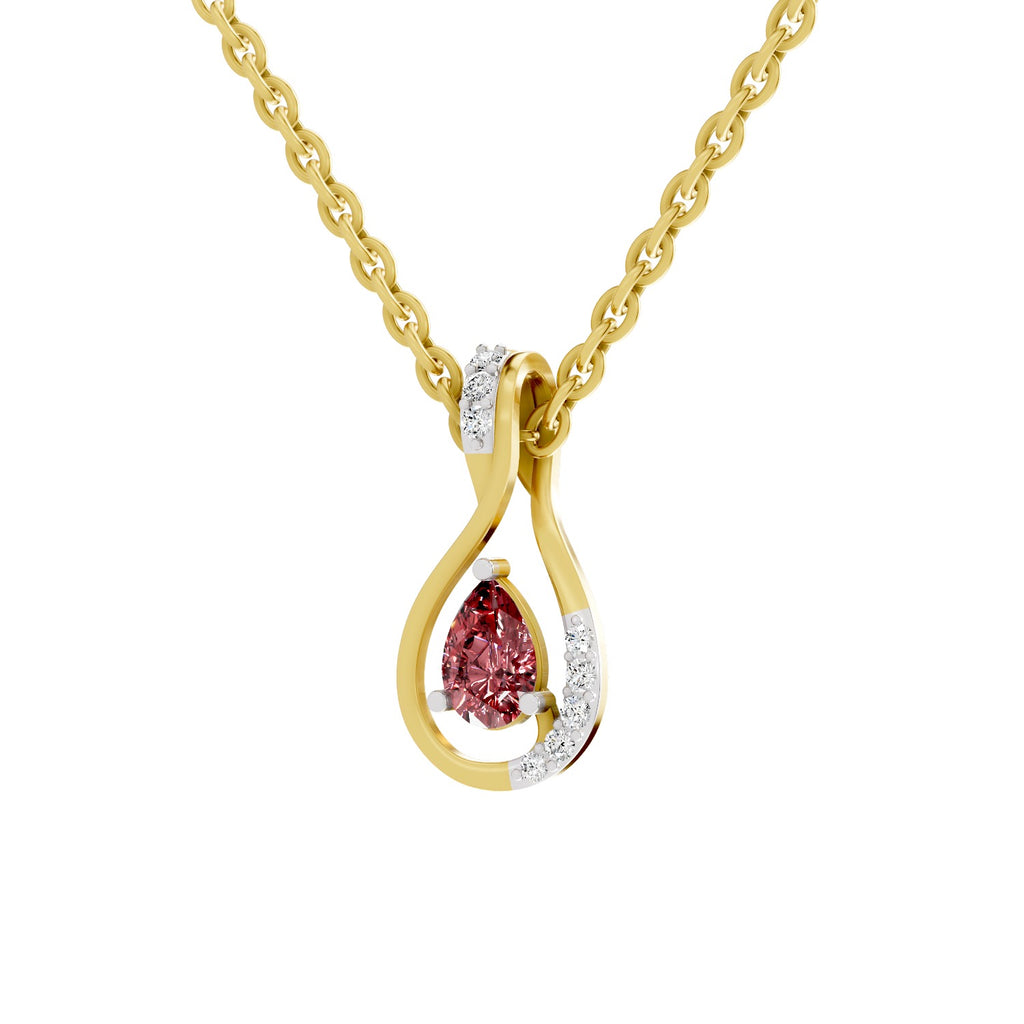 A gold pendant necklace featuring a teardrop-shaped openwork design with a central pear-cut pink gemstone and small clear accent stones, shown on a plain white background.