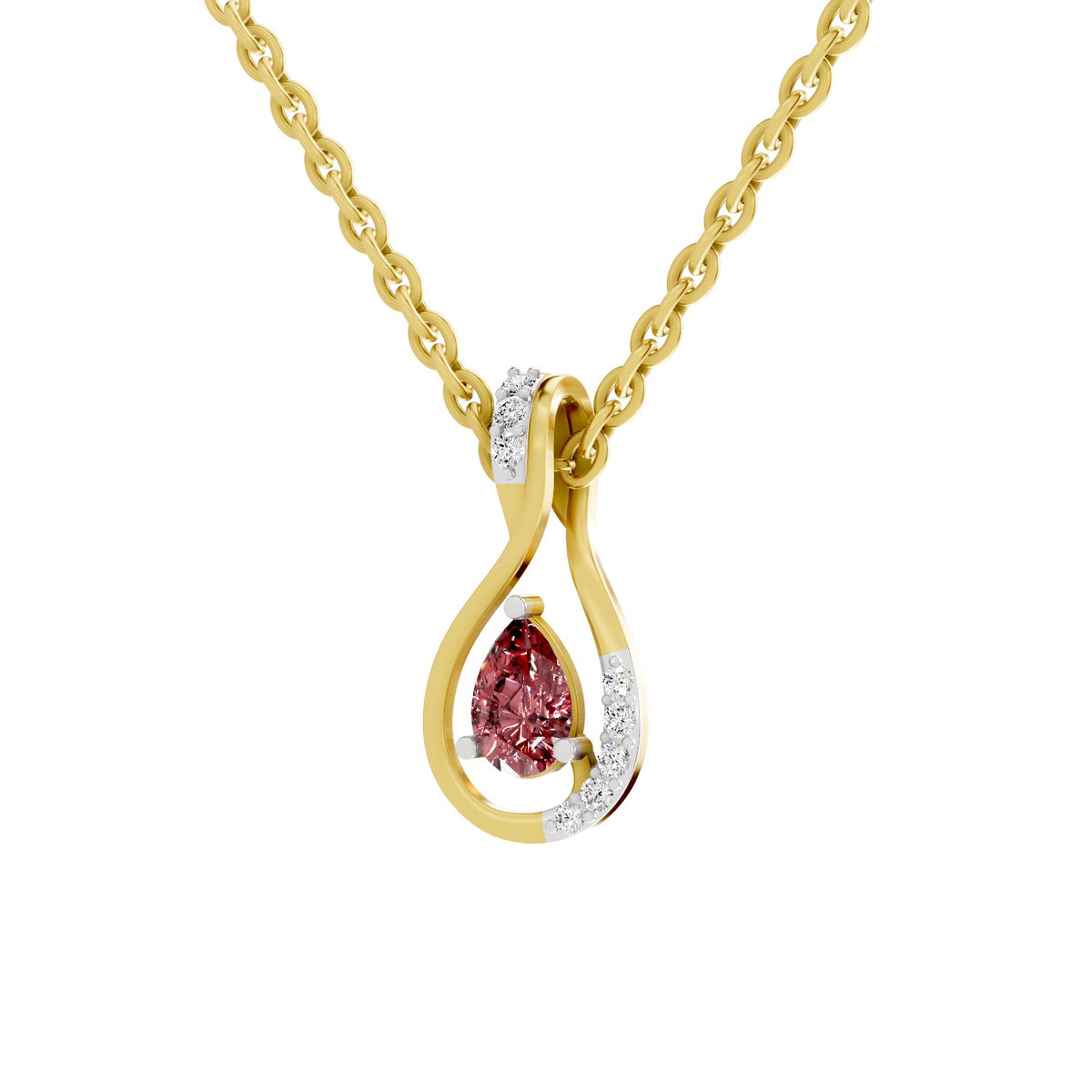 A gold pendant necklace featuring a teardrop-shaped openwork design with a central pear-cut pink gemstone and small clear accent stones, shown on a plain white background.