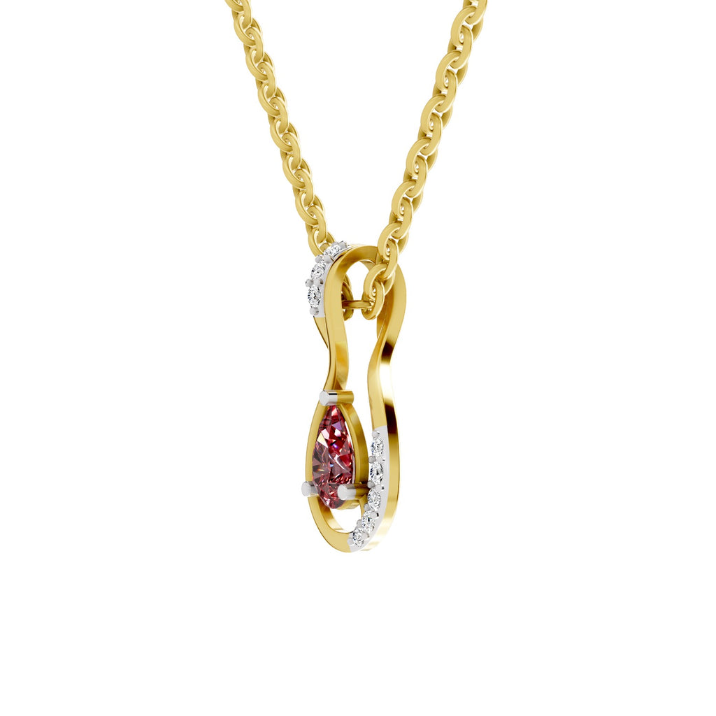 A gold chain necklace with a pendant featuring a pear-cut red gemstone and clear accent stones, shown on a plain white background.