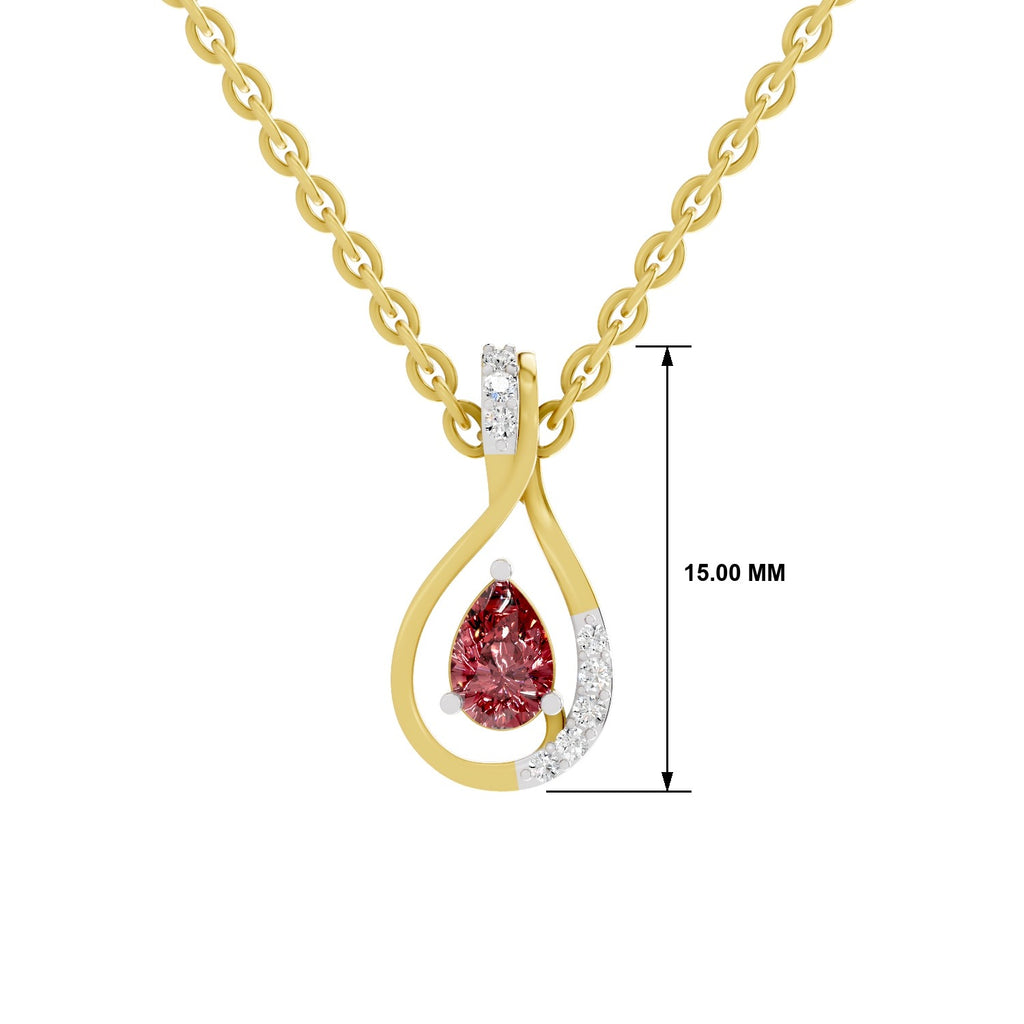 Gold teardrop pendant necklace with a central pink gemstone and a curved diamond-accented section, shown on a white background with a 15.00 mm dimension marker.