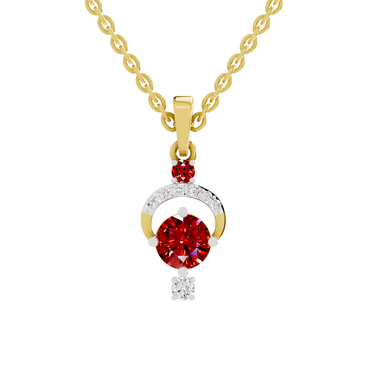SPARQ Lab Grown Diamond Crescent Halo Red Stone Yellow Gold Plated Pendant