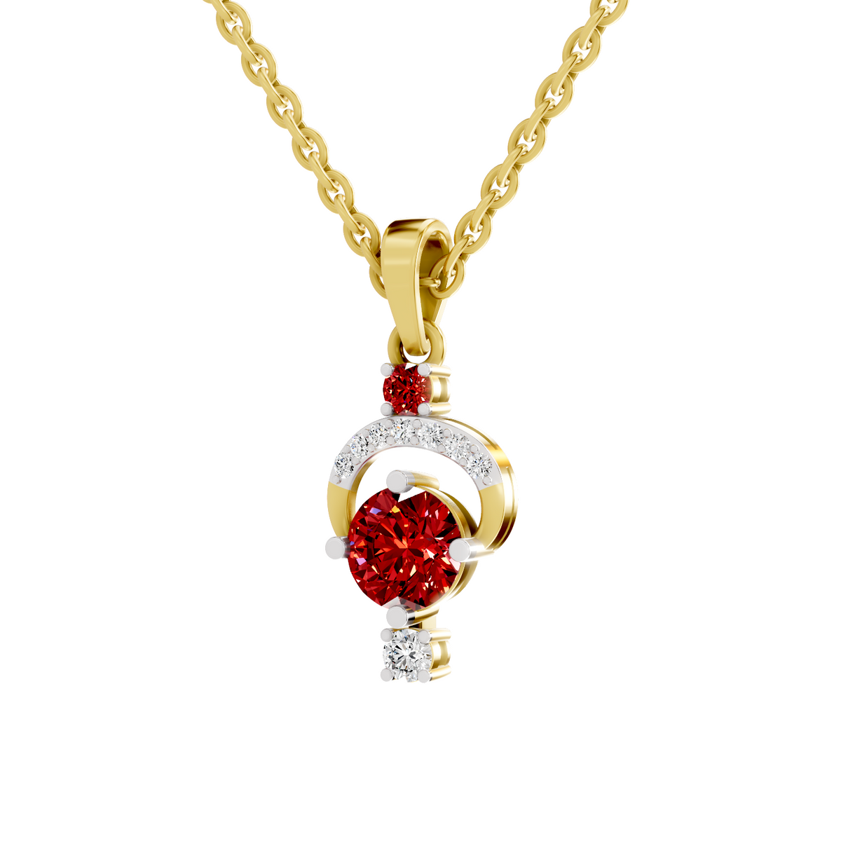 SPARQ Lab Grown Diamond Crescent Halo Red Stone Yellow Gold Plated Pendant