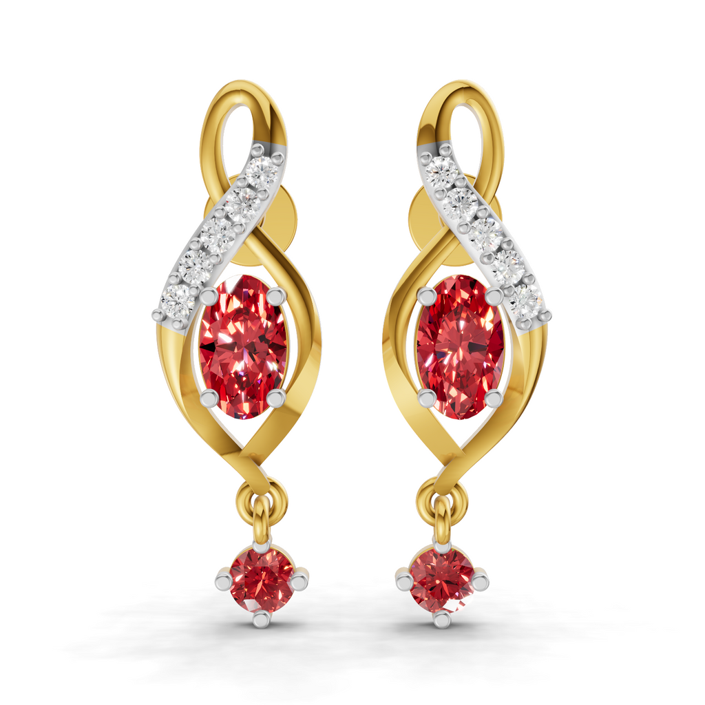 A pair of gold drop earrings with marquise-cut red gemstones, a pavé-set row of clear stones along the top loop, and a smaller round red gemstone dangling below, shown on a plain white background.