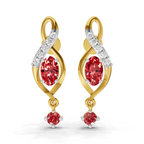 A pair of gold drop earrings with marquise-cut red gemstones, a pavé-set row of clear stones along the top loop, and a smaller round red gemstone dangling below, shown on a plain white background.