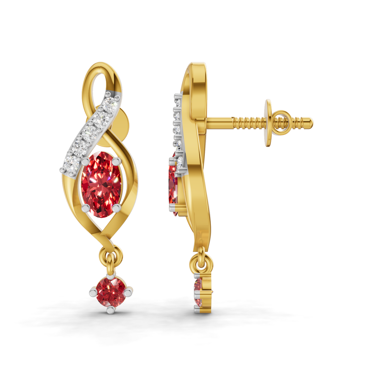 A pair of gold drop earrings featuring oval-cut red gemstones and a curved row of small clear stones, shown on a clean white background.