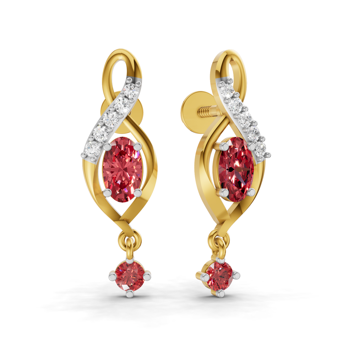 A pair of gold drop earrings featuring oval pink gemstones, a curved row of small clear stones, and a smaller pink gemstone dangling below, shown on a white background.